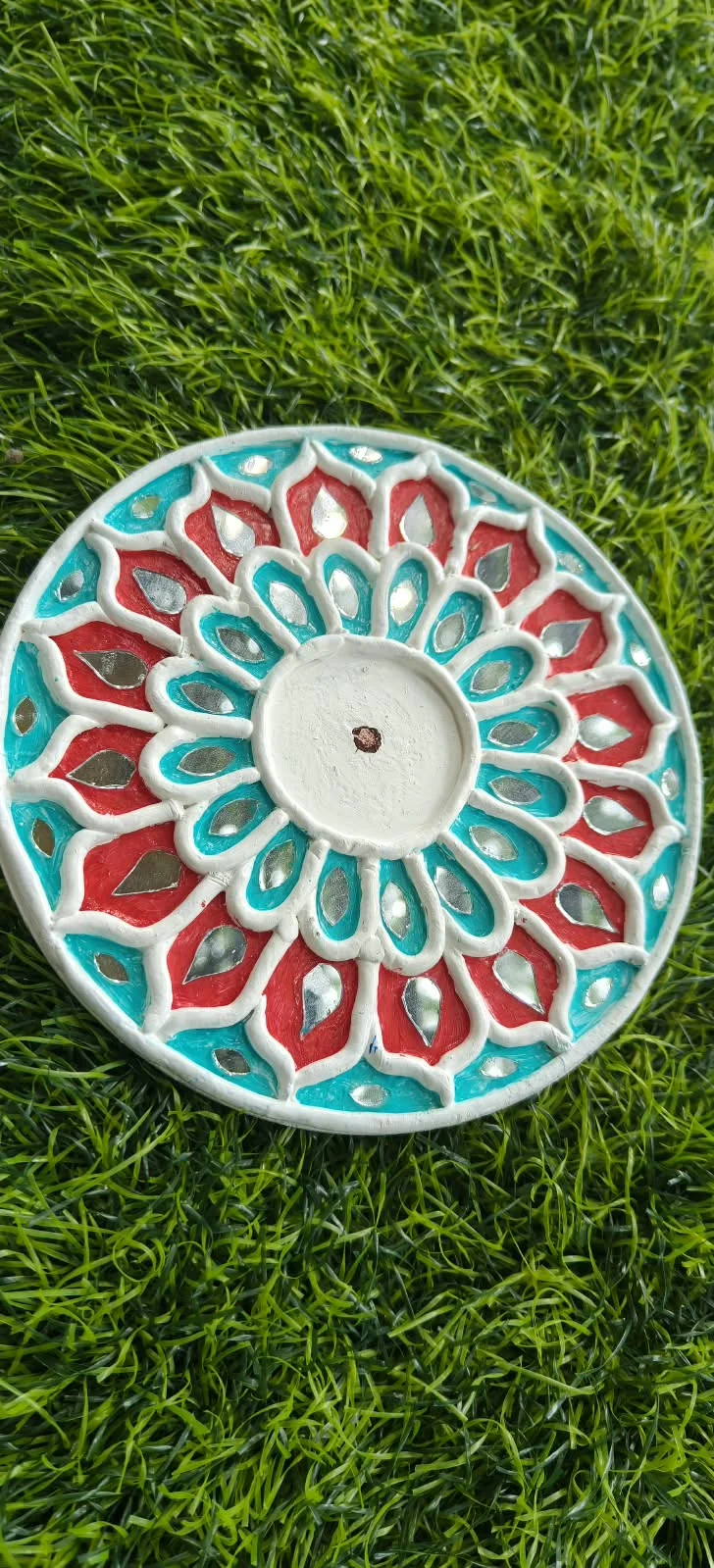 Handmade circular Lippan art, turquoise & red design